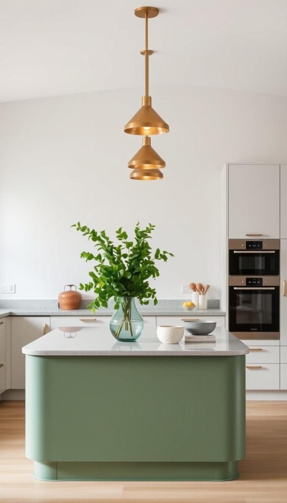 A well-lit, modern kitchen with a sage green, quartz-topped island positioned centrally. The island features a minimalist, handleless design with soft, rounded corners, complementing the clean, contemporary aesthetic. Overhead, a trio of sleek, brushed brass pendant lights cast a warm, ambient glow, illuminating the space. On the island, a striking vase of lush, green foliage and a few decorative ceramic bowls create a simple, yet refined styling. The walls are painted in a soft, neutral tone, allowing the sage green island to be the focal point. The scene is captured from a slightly elevated angle, showcasing the island's attractive proportions and harmonious integration within the kitchen. A well-lit, modern kitchen with a sage green, quartz-topped island positioned centrally. The island features a minimalist, handleless design with soft, rounded corners, complementing the clean, contemporary aesthetic. Overhead, a trio of sleek, brushed brass pendant lights cast a warm, ambient glow, illuminating the space. On the island, a striking vase of lush, green foliage and a few decorative ceramic bowls create a simple, yet refined styling. The walls are painted in a soft, neutral tone, allowing the sage green island to be the focal point. The scene is captured from a slightly elevated angle, showcasing the island's attractive proportions and harmonious integration within the kitchen.