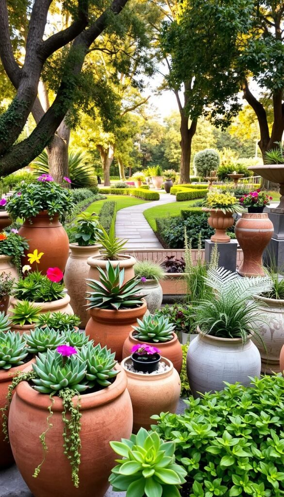 A well-lit outdoor scene featuring a collection of uniquely shaped and textured ceramic planters, each housing a vibrant and diverse array of thriving potted plants. The foreground showcases a variety of succulents, trailing vines, and colorful flowers artfully arranged in a visually captivating composition. The middle ground features larger, statement-making planters made of materials like terracotta, glazed ceramics, and natural stone, elevated on pedestals or platforms to create a sense of depth and dimension. In the background, a lush, verdant garden setting with towering trees, meandering pathways, and a warm, diffused natural light envelops the scene, evoking a serene and tranquil ambiance. The overall impression is one of a thoughtfully curated outdoor oasis, where unique container plantings elevate the overall design and aesthetic. A well-lit outdoor scene featuring a collection of uniquely shaped and textured ceramic planters, each housing a vibrant and diverse array of thriving potted plants. The foreground showcases a variety of succulents, trailing vines, and colorful flowers artfully arranged in a visually captivating composition. The middle ground features larger, statement-making planters made of materials like terracotta, glazed ceramics, and natural stone, elevated on pedestals or platforms to create a sense of depth and dimension. In the background, a lush, verdant garden setting with towering trees, meandering pathways, and a warm, diffused natural light envelops the scene, evoking a serene and tranquil ambiance. The overall impression is one of a thoughtfully curated outdoor oasis, where unique container plantings elevate the overall design and aesthetic.