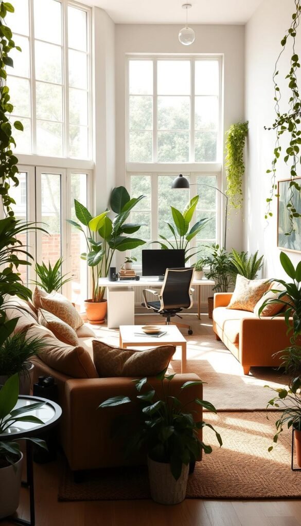 A well-lit, spacious living room with a seamless office nook, surrounded by lush, verdant greenery. Natural sunlight filters through large windows, casting a warm, inviting glow. Plush, earthy-toned furniture harmonizes with the verdant accents, while a minimalist desk and ergonomic chair blend effortlessly into the space. Potted plants and trailing vines add pops of vibrant green, creating a serene, nature-inspired ambiance. The room exudes a sense of balance and tranquility, perfect for both relaxation and productivity. A well-lit, spacious living room with a seamless office nook, surrounded by lush, verdant greenery. Natural sunlight filters through large windows, casting a warm, inviting glow. Plush, earthy-toned furniture harmonizes with the verdant accents, while a minimalist desk and ergonomic chair blend effortlessly into the space. Potted plants and trailing vines add pops of vibrant green, creating a serene, nature-inspired ambiance. The room exudes a sense of balance and tranquility, perfect for both relaxation and productivity.