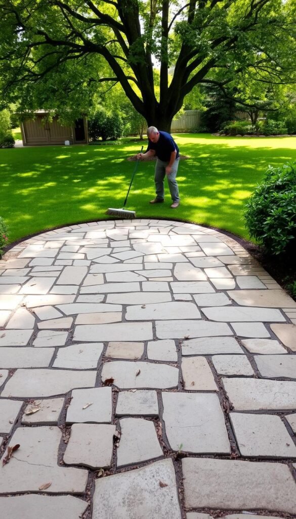 A well-maintained flagstone patio in a lush, verdant backyard. The foreground features a worker carefully sweeping away fallen leaves and debris, capturing the routine upkeep required. The middle ground showcases the intricate, irregular pattern of the flagstones, their earthy tones complementing the surrounding greenery. In the background, a neatly trimmed lawn frames the patio, with mature trees providing dappled sunlight and creating a serene, natural ambiance. The scene conveys a sense of tranquility and the importance of regular maintenance to preserve the beauty and functionality of a flagstone patio. A well-maintained flagstone patio in a lush, verdant backyard. The foreground features a worker carefully sweeping away fallen leaves and debris, capturing the routine upkeep required. The middle ground showcases the intricate, irregular pattern of the flagstones, their earthy tones complementing the surrounding greenery. In the background, a neatly trimmed lawn frames the patio, with mature trees providing dappled sunlight and creating a serene, natural ambiance. The scene conveys a sense of tranquility and the importance of regular maintenance to preserve the beauty and functionality of a flagstone patio.