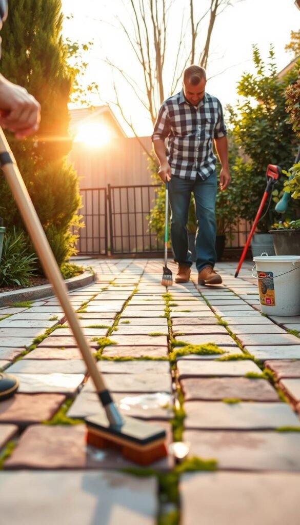 A well-maintained patio with a couple tending to various cleaning and repair tasks. In the foreground, a person is scrubbing the patio pavers with a brush, using a patio cleaner solution. In the middle ground, another person is inspecting the pavers and removing any weeds or moss growth between the stones. In the background, gardening tools and a bucket of cleaning supplies are neatly arranged. The lighting is natural, with the warm glow of the afternoon sun casting long shadows across the scene. The overall mood is one of diligence and care, reflecting the importance of proper patio maintenance for longevity. A well-maintained patio with a couple tending to various cleaning and repair tasks. In the foreground, a person is scrubbing the patio pavers with a brush, using a patio cleaner solution. In the middle ground, another person is inspecting the pavers and removing any weeds or moss growth between the stones. In the background, gardening tools and a bucket of cleaning supplies are neatly arranged. The lighting is natural, with the warm glow of the afternoon sun casting long shadows across the scene. The overall mood is one of diligence and care, reflecting the importance of proper patio maintenance for longevity.