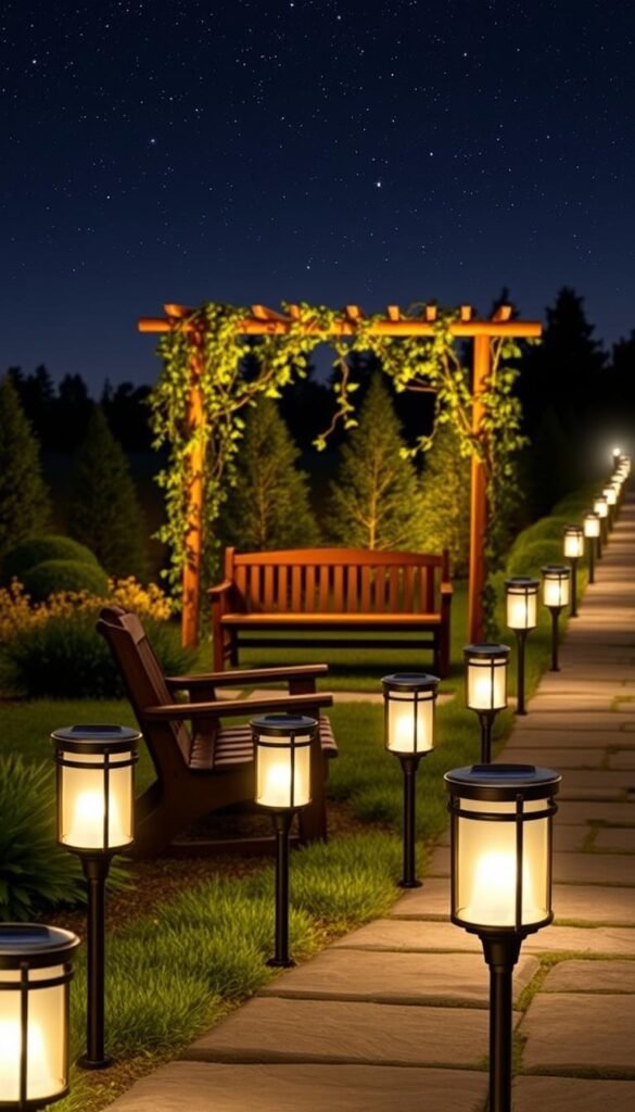 An array of solar-powered outdoor lanterns lining a stone pathway, casting a warm, ambient glow across a lush, well-manicured garden. Rustic wooden benches and a decorative trellis of trailing vines in the midground, creating a cozy, inviting atmosphere. In the background, the silhouettes of distant trees and a starry night sky, emphasizing the peaceful, serene setting. The lighting is soft, diffused, and evenly distributed, creating a budget-friendly, energy-efficient solution for illuminating an outdoor living space. An array of solar-powered outdoor lanterns lining a stone pathway, casting a warm, ambient glow across a lush, well-manicured garden. Rustic wooden benches and a decorative trellis of trailing vines in the midground, creating a cozy, inviting atmosphere. In the background, the silhouettes of distant trees and a starry night sky, emphasizing the peaceful, serene setting. The lighting is soft, diffused, and evenly distributed, creating a budget-friendly, energy-efficient solution for illuminating an outdoor living space.
