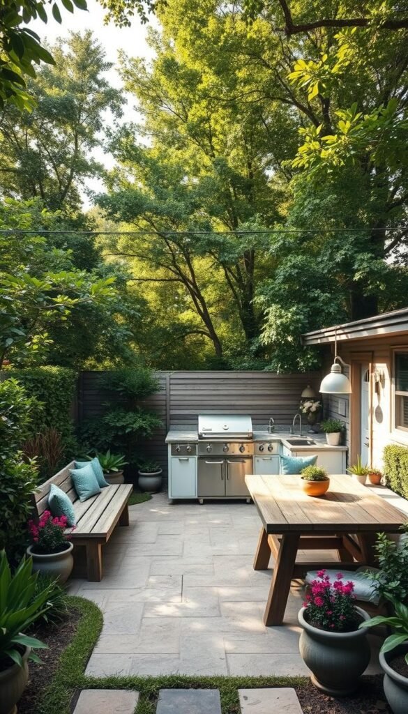 An expansive backyard oasis, lush with verdant foliage and a cozy seating area. Soft, natural light filters through the canopy of towering trees, casting a warm glow on a simple yet elegant outdoor kitchen setup. Sleek, minimalist countertops flank a compact grill, while weathered wooden benches and a sturdy dining table invite casual alfresco dining. Vibrant potted plants and strategic landscape elements like stone pathways seamlessly blend the kitchen with the surrounding garden, creating a harmonious, economical outdoor living space. An expansive backyard oasis, lush with verdant foliage and a cozy seating area. Soft, natural light filters through the canopy of towering trees, casting a warm glow on a simple yet elegant outdoor kitchen setup. Sleek, minimalist countertops flank a compact grill, while weathered wooden benches and a sturdy dining table invite casual alfresco dining. Vibrant potted plants and strategic landscape elements like stone pathways seamlessly blend the kitchen with the surrounding garden, creating a harmonious, economical outdoor living space.