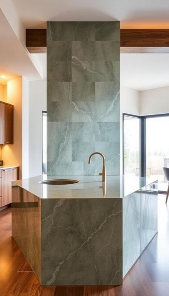 An expansive sage green kitchen island made of gleaming natural stone, bathed in warm, diffused lighting that accentuates its smooth, polished surface. The island's clean, minimalist design is complemented by the rich, earthy hues of the stone, creating a timeless and sophisticated aesthetic. The scene is captured from a slightly elevated perspective, showcasing the island's elegant form and seamless integration with the surrounding kitchen layout. The overall atmosphere is one of understated luxury and refined simplicity, perfectly suited for the "Sage Green Kitchen Island: A Timeless and Stylish Choice" article. An expansive sage green kitchen island made of gleaming natural stone, bathed in warm, diffused lighting that accentuates its smooth, polished surface. The island's clean, minimalist design is complemented by the rich, earthy hues of the stone, creating a timeless and sophisticated aesthetic. The scene is captured from a slightly elevated perspective, showcasing the island's elegant form and seamless integration with the surrounding kitchen layout. The overall atmosphere is one of understated luxury and refined simplicity, perfectly suited for the "Sage Green Kitchen Island: A Timeless and Stylish Choice" article.