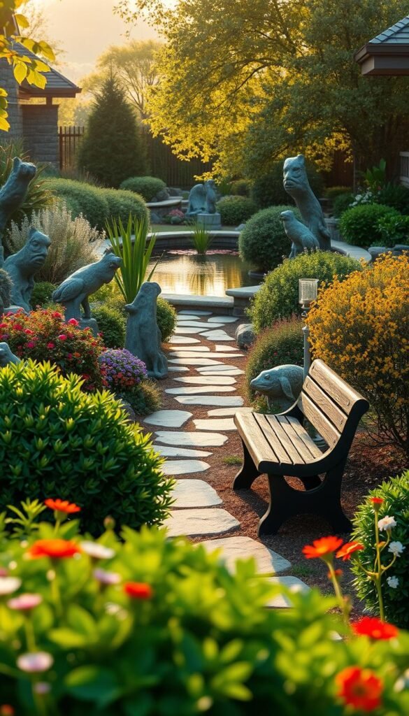 An idyllic DIY landscaping scene with a lush, vibrant garden in the foreground. Verdant shrubs and colorful flowers frame a quaint wooden bench, inviting visitors to pause and admire the serene setting. In the middle ground, a stone pathway winds through a expertly curated mix of native plants and sculptural elements. The background features a tranquil koi pond reflecting the warm glow of the afternoon sun, casting a golden hue across the entire composition. Soft, diffused lighting and a shallow depth of field create a sense of intimate, dreamlike ambiance, perfectly capturing the essence of an effortless, homespun outdoor retreat. An idyllic DIY landscaping scene with a lush, vibrant garden in the foreground. Verdant shrubs and colorful flowers frame a quaint wooden bench, inviting visitors to pause and admire the serene setting. In the middle ground, a stone pathway winds through a expertly curated mix of native plants and sculptural elements. The background features a tranquil koi pond reflecting the warm glow of the afternoon sun, casting a golden hue across the entire composition. Soft, diffused lighting and a shallow depth of field create a sense of intimate, dreamlike ambiance, perfectly capturing the essence of an effortless, homespun outdoor retreat.