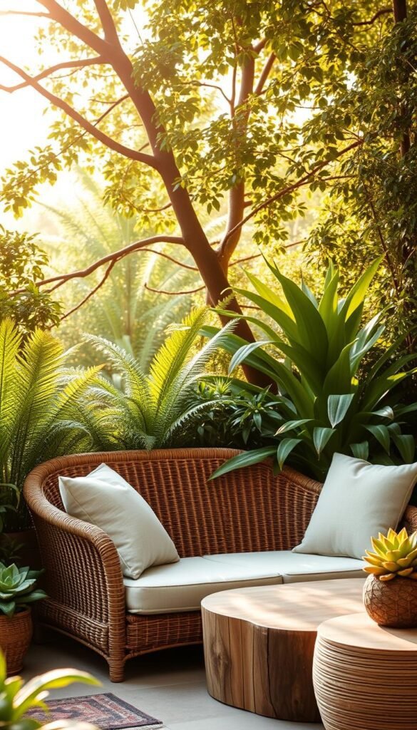 An outdoor seating area with a natural, earthy aesthetic. A woven rattan loveseat is nestled among lush, verdant foliage - ferns, philodendrons, and potted succulents create a serene, botanical backdrop. Warm, diffused sunlight filters through the canopy of trees, casting a soft, golden glow on the scene. The loveseat is adorned with plush, neutral-toned cushions, inviting relaxation. Smooth, weathered wood accents complement the organic materiality. The overall atmosphere is one of tranquility and harmony between nature and modern design. An outdoor seating area with a natural, earthy aesthetic. A woven rattan loveseat is nestled among lush, verdant foliage - ferns, philodendrons, and potted succulents create a serene, botanical backdrop. Warm, diffused sunlight filters through the canopy of trees, casting a soft, golden glow on the scene. The loveseat is adorned with plush, neutral-toned cushions, inviting relaxation. Smooth, weathered wood accents complement the organic materiality. The overall atmosphere is one of tranquility and harmony between nature and modern design.