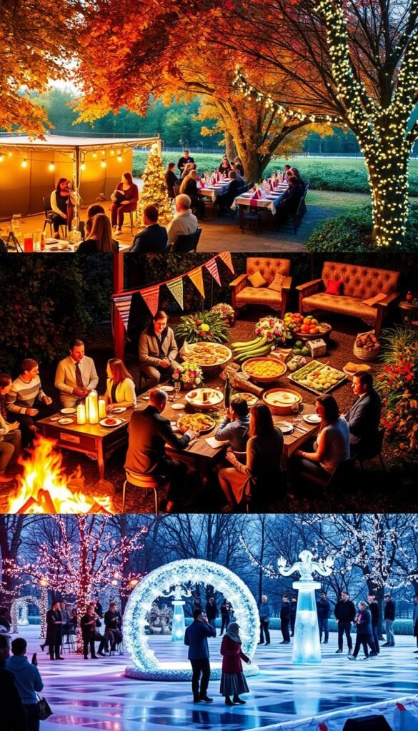 Colorful and vibrant outdoor scene featuring a variety of themed seasonal events. In the foreground, a cozy autumn gathering with people enjoying a bonfire, roasting marshmallows, and sipping warm drinks. In the middle ground, a vibrant spring picnic with a spread of fresh foods, floral decorations, and a string quartet playing. In the background, a winter wonderland with an elegant ice sculpture, people ice skating, and twinkling lights adorning the trees. The lighting is warm and inviting, creating a sense of joy and togetherness. The composition captures the spirit of embracing the changing seasons through festive outdoor celebrations. Colorful and vibrant outdoor scene featuring a variety of themed seasonal events. In the foreground, a cozy autumn gathering with people enjoying a bonfire, roasting marshmallows, and sipping warm drinks. In the middle ground, a vibrant spring picnic with a spread of fresh foods, floral decorations, and a string quartet playing. In the background, a winter wonderland with an elegant ice sculpture, people ice skating, and twinkling lights adorning the trees. The lighting is warm and inviting, creating a sense of joy and togetherness. The composition captures the spirit of embracing the changing seasons through festive outdoor celebrations.