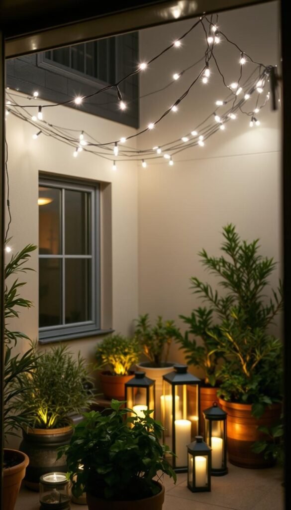 Compact outdoor living lighting: a cozy nook with delicate string lights strung overhead, casting a warm, ambient glow over a small patio or balcony. A collection of lanterns and up-lighters situated around the perimeter, illuminating potted plants and architectural features. The lighting is intentionally layered, creating depth and visual interest, while remaining subtle and energy-efficient. The overall effect is a tranquil, inviting space that feels intimate and welcoming, perfect for relaxing or entertaining in a small outdoor area. Compact outdoor living lighting: a cozy nook with delicate string lights strung overhead, casting a warm, ambient glow over a small patio or balcony. A collection of lanterns and up-lighters situated around the perimeter, illuminating potted plants and architectural features. The lighting is intentionally layered, creating depth and visual interest, while remaining subtle and energy-efficient. The overall effect is a tranquil, inviting space that feels intimate and welcoming, perfect for relaxing or entertaining in a small outdoor area.