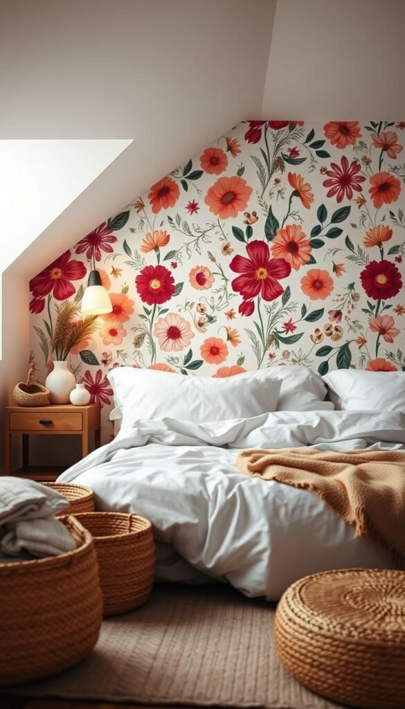 Cozy bedroom with warm lighting and an accent wall showcasing a vibrant modern floral wallpaper pattern. The wallpaper serves as the focal point, drawing the eye and creating a visually striking backdrop. Soft white bedding, minimal decor, and a mix of natural textures like wood and woven baskets complement the bold wallpaper design. The scene is captured from a slightly elevated angle, offering a balanced, inviting composition that highlights the creative use of wallpaper as a decorative element. The overall mood is serene, stylish, and inspirational for a relaxing, personalized bedroom space. Cozy bedroom with warm lighting and an accent wall showcasing a vibrant modern floral wallpaper pattern. The wallpaper serves as the focal point, drawing the eye and creating a visually striking backdrop. Soft white bedding, minimal decor, and a mix of natural textures like wood and woven baskets complement the bold wallpaper design. The scene is captured from a slightly elevated angle, offering a balanced, inviting composition that highlights the creative use of wallpaper as a decorative element. The overall mood is serene, stylish, and inspirational for a relaxing, personalized bedroom space.