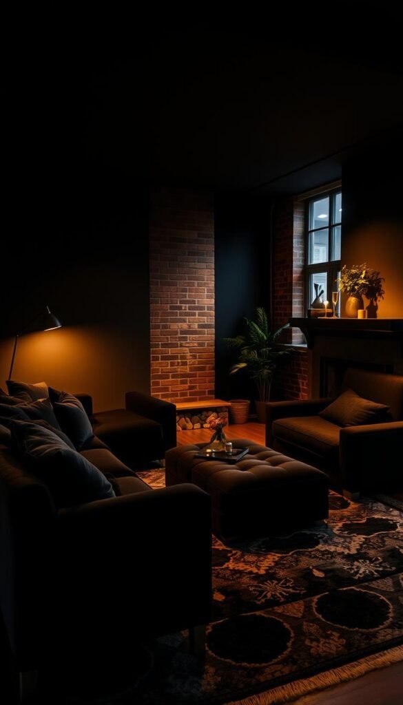 Cozy black living room with plush velvet furniture, including a deep sofa, armchair, and ottomans. Warm ambient lighting casts a soft glow, creating a relaxing atmosphere. A large, statement area rug anchors the space, complemented by exposed brick walls and a minimalist fireplace. A few botanical accents, such as a potted plant or greenery, add a touch of nature. The overall mood is sophisticated, inviting, and perfect for a moody teenage retreat. Cozy black living room with plush velvet furniture, including a deep sofa, armchair, and ottomans. Warm ambient lighting casts a soft glow, creating a relaxing atmosphere. A large, statement area rug anchors the space, complemented by exposed brick walls and a minimalist fireplace. A few botanical accents, such as a potted plant or greenery, add a touch of nature. The overall mood is sophisticated, inviting, and perfect for a moody teenage retreat.