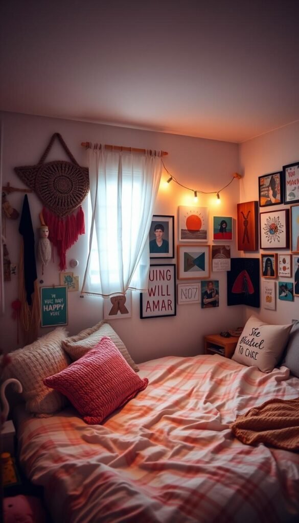 Cozy teenage bedroom with personalized art pieces adorning the walls. Warm, inviting lighting casts a soft glow, illuminating the vibrant colors and textures. Eclectic mix of wall hangings, framed prints, and DIY projects crafted with care. Minimalist white furniture and textiles provide a clean backdrop to showcase the artistic expressions. Angled view captures the depth and character of the space, highlighting the intentional design choices. Moody yet youthful atmosphere evokes a sense of individuality and self-discovery. Cozy teenage bedroom with personalized art pieces adorning the walls. Warm, inviting lighting casts a soft glow, illuminating the vibrant colors and textures. Eclectic mix of wall hangings, framed prints, and DIY projects crafted with care. Minimalist white furniture and textiles provide a clean backdrop to showcase the artistic expressions. Angled view captures the depth and character of the space, highlighting the intentional design choices. Moody yet youthful atmosphere evokes a sense of individuality and self-discovery.