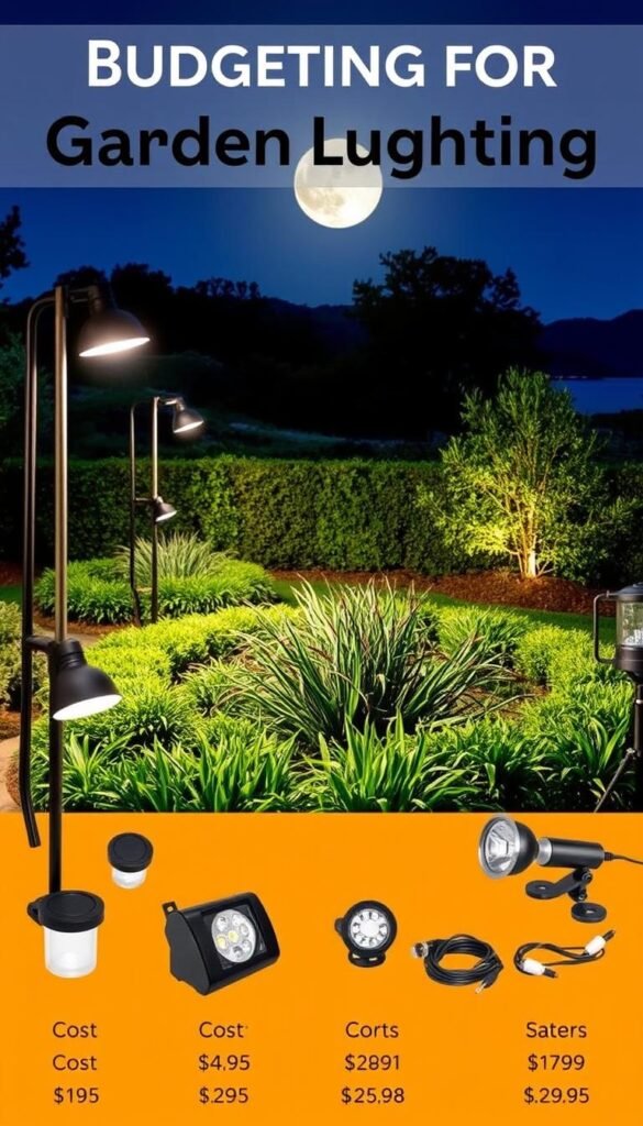 Detailed cost breakdown of an innovative garden lighting setup, capturing a well-lit outdoor scene with various lighting fixtures. A dramatic focal point illuminates a lush, manicured garden in the foreground, surrounded by a middle ground of neatly arranged lighting components and cost estimates. The background showcases a serene, moonlit landscape, creating a harmonious and visually appealing composition that effectively conveys the theme of "Budgeting for Garden Lighting". Detailed cost breakdown of an innovative garden lighting setup, capturing a well-lit outdoor scene with various lighting fixtures. A dramatic focal point illuminates a lush, manicured garden in the foreground, surrounded by a middle ground of neatly arranged lighting components and cost estimates. The background showcases a serene, moonlit landscape, creating a harmonious and visually appealing composition that effectively conveys the theme of "Budgeting for Garden Lighting".