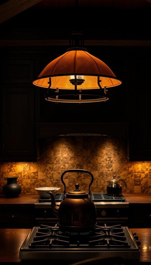 Dimly lit moody kitchen with a dramatic, gothic atmosphere. A large wrought-iron pendant light casts a warm, amber glow over the scene, accentuating the rich, dark tones of the wooden cabinets and exposed beams. The backsplash is composed of mottled, jewel-toned tiles that catch the light, creating a mesmerizing pattern. A vintage copper kettle sits on the stovetop, its burnished surface reflecting the flickering flames. Shadows pool in the corners, lending an air of mystery and intrigue. The overall effect is one of old-world grandeur and a touch of melancholy, perfect for an editorial on dark academia kitchen design. Dimly lit moody kitchen with a dramatic, gothic atmosphere. A large wrought-iron pendant light casts a warm, amber glow over the scene, accentuating the rich, dark tones of the wooden cabinets and exposed beams. The backsplash is composed of mottled, jewel-toned tiles that catch the light, creating a mesmerizing pattern. A vintage copper kettle sits on the stovetop, its burnished surface reflecting the flickering flames. Shadows pool in the corners, lending an air of mystery and intrigue. The overall effect is one of old-world grandeur and a touch of melancholy, perfect for an editorial on dark academia kitchen design.