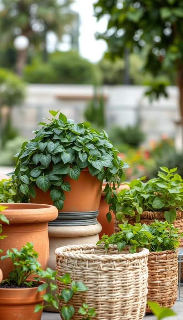 Eco-friendly planters made of natural materials, with lush greenery spilling over the sides. Terracotta, woven baskets, and repurposed containers in the foreground, set against a blurred background of a serene garden landscape. Soft, diffused lighting illuminates the organic textures and vibrant foliage. The composition emphasizes the harmony between the planters and their sustainable, nature-inspired design. An atmosphere of tranquility and environmental consciousness pervades the scene. Eco-friendly planters made of natural materials, with lush greenery spilling over the sides. Terracotta, woven baskets, and repurposed containers in the foreground, set against a blurred background of a serene garden landscape. Soft, diffused lighting illuminates the organic textures and vibrant foliage. The composition emphasizes the harmony between the planters and their sustainable, nature-inspired design. An atmosphere of tranquility and environmental consciousness pervades the scene.