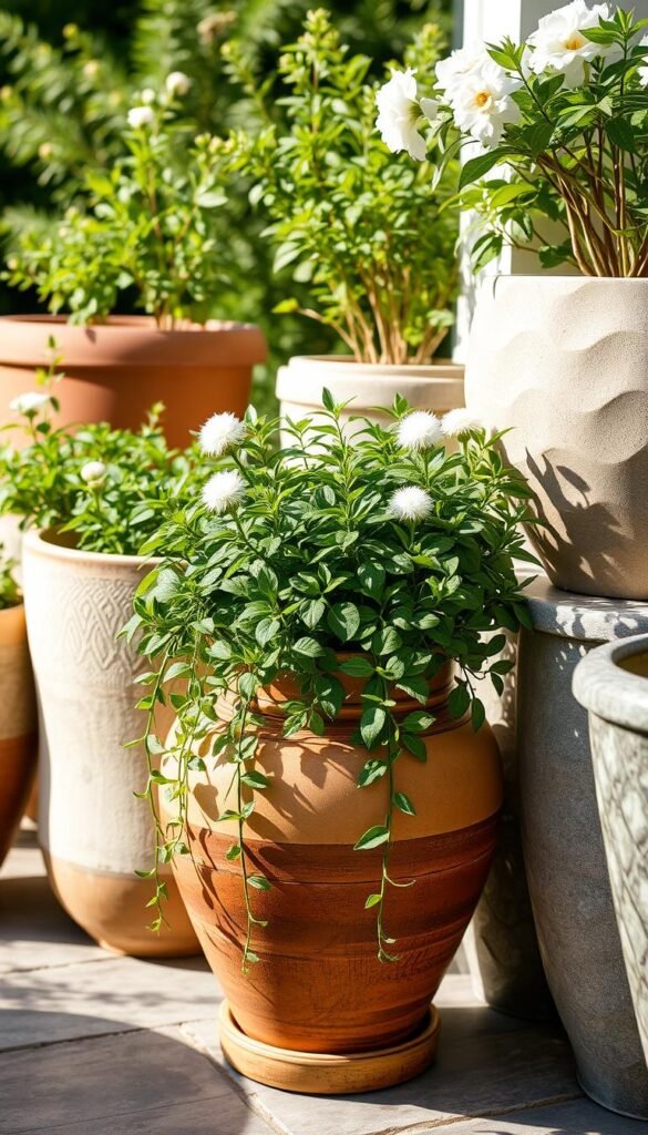 Elegant and unique seasonal plant pots made of terracotta, ceramic, and natural materials like woven rattan and smooth river stones. Carefully arranged in a sunlit outdoor garden setting, with soft shadows and warm lighting highlighting the intricate textures and organic forms. The pots contain lush, thriving plants that cascade over the sides, their vibrant foliage and blooms creating a harmonious, inviting composition. A sense of tranquility and natural beauty pervades the scene, inspiring ideas for curating an aesthetically pleasing and functional outdoor planter display. Elegant and unique seasonal plant pots made of terracotta, ceramic, and natural materials like woven rattan and smooth river stones. Carefully arranged in a sunlit outdoor garden setting, with soft shadows and warm lighting highlighting the intricate textures and organic forms. The pots contain lush, thriving plants that cascade over the sides, their vibrant foliage and blooms creating a harmonious, inviting composition. A sense of tranquility and natural beauty pervades the scene, inspiring ideas for curating an aesthetically pleasing and functional outdoor planter display.