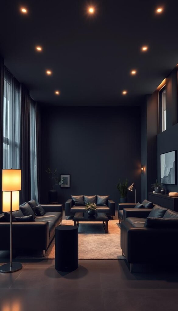 Elegant modern black living room with warm ambient lighting. A spacious, open-concept space with sleek black leather sofas and armchairs arranged around a low glass coffee table. Walls are painted a deep charcoal gray, creating a cozy, sophisticated atmosphere. Indirect lighting from recessed ceiling fixtures and a large contemporary floor lamp in the corner, casting a soft, diffused glow throughout the room. Tall windows let in natural light, while sheer curtains filter it for a gentle, inviting ambiance. Minimalist decor with a few potted plants and abstract wall art, allowing the architectural elements and lighting to take center stage. Elegant modern black living room with warm ambient lighting. A spacious, open-concept space with sleek black leather sofas and armchairs arranged around a low glass coffee table. Walls are painted a deep charcoal gray, creating a cozy, sophisticated atmosphere. Indirect lighting from recessed ceiling fixtures and a large contemporary floor lamp in the corner, casting a soft, diffused glow throughout the room. Tall windows let in natural light, while sheer curtains filter it for a gentle, inviting ambiance. Minimalist decor with a few potted plants and abstract wall art, allowing the architectural elements and lighting to take center stage.
