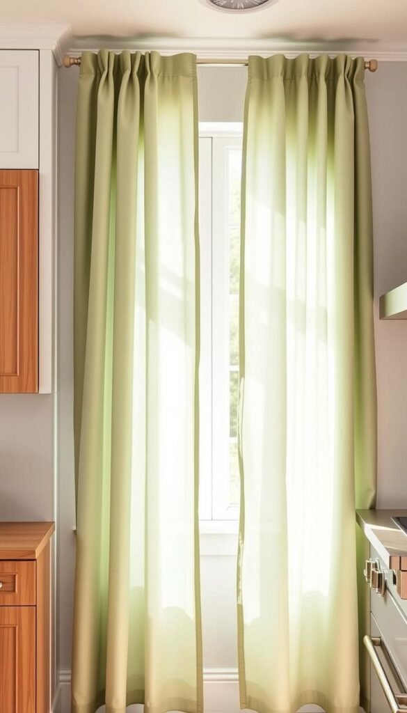 Elegant sage green curtains gently billowing in a cozy, sun-drenched kitchen. Soft fabric with a subtle sheen cascades against crisp white walls, complementing sleek wooden cabinets and a gleaming stainless steel stovetop. The curtains are perfectly tailored, with subtle folds and a delicate pleated valance. Warm, natural light filters through the gossamer material, casting a soothing, tranquil atmosphere across the space. The overall scene exudes a sense of refined sophistication and timeless charm, effortlessly elevating the kitchen's aesthetic. Captured with a medium-wide angle lens, the image showcases the harmonious interplay of color, texture, and light that defines the allure of sage green in interior design. Elegant sage green curtains gently billowing in a cozy, sun-drenched kitchen. Soft fabric with a subtle sheen cascades against crisp white walls, complementing sleek wooden cabinets and a gleaming stainless steel stovetop. The curtains are perfectly tailored, with subtle folds and a delicate pleated valance. Warm, natural light filters through the gossamer material, casting a soothing, tranquil atmosphere across the space. The overall scene exudes a sense of refined sophistication and timeless charm, effortlessly elevating the kitchen's aesthetic. Captured with a medium-wide angle lens, the image showcases the harmonious interplay of color, texture, and light that defines the allure of sage green in interior design.