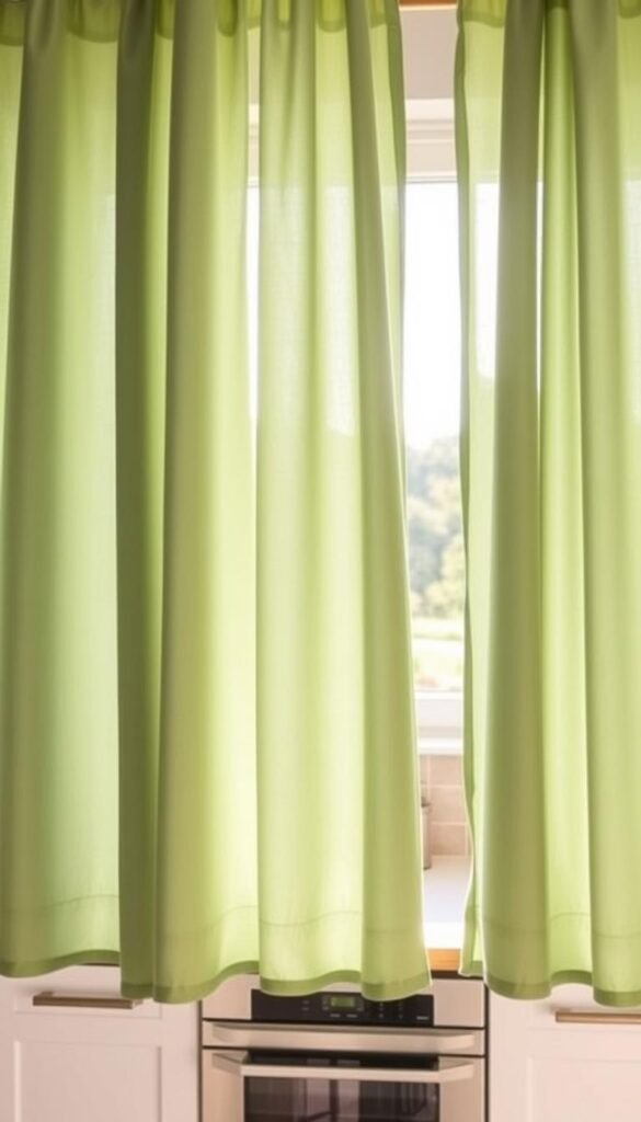 High-quality image of a kitchen interior with sage green curtains hanging in the window, softly illuminated by natural daylight filtering through the fabric. The curtains are shown in the foreground, with a well-organized kitchen visible in the middle ground, featuring sleek white cabinets, a stainless steel appliance, and a neutral tile backsplash. The background showcases a view of a scenic outdoor landscape, perhaps a garden or a lush green yard, visible through the window. The lighting is warm and inviting, creating a serene and cozy atmosphere. The composition is balanced, highlighting the sage green curtains as the focal point while incorporating the surrounding kitchen elements and the tranquil outdoor scene. High-quality image of a kitchen interior with sage green curtains hanging in the window, softly illuminated by natural daylight filtering through the fabric. The curtains are shown in the foreground, with a well-organized kitchen visible in the middle ground, featuring sleek white cabinets, a stainless steel appliance, and a neutral tile backsplash. The background showcases a view of a scenic outdoor landscape, perhaps a garden or a lush green yard, visible through the window. The lighting is warm and inviting, creating a serene and cozy atmosphere. The composition is balanced, highlighting the sage green curtains as the focal point while incorporating the surrounding kitchen elements and the tranquil outdoor scene.