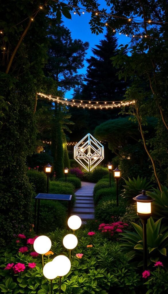 Lush, verdant garden at twilight, with a variety of innovative lighting fixtures illuminating the diverse flora. In the foreground, a group of floating orb-like lights drift gracefully above a vibrant flower bed. A series of path-lining lamps cast a warm, inviting glow, leading the eye towards a central focal point - a geometric, sculptural light installation that casts mesmerizing patterns on the surrounding foliage. Overhead, strands of glimmering fairy lights are strung between trees, creating a magical, whimsical atmosphere. The entire scene is bathed in a soft, atmospheric lighting that highlights the natural beauty of the garden while adding a touch of modern, creative flair. Lush, verdant garden at twilight, with a variety of innovative lighting fixtures illuminating the diverse flora. In the foreground, a group of floating orb-like lights drift gracefully above a vibrant flower bed. A series of path-lining lamps cast a warm, inviting glow, leading the eye towards a central focal point - a geometric, sculptural light installation that casts mesmerizing patterns on the surrounding foliage. Overhead, strands of glimmering fairy lights are strung between trees, creating a magical, whimsical atmosphere. The entire scene is bathed in a soft, atmospheric lighting that highlights the natural beauty of the garden while adding a touch of modern, creative flair.