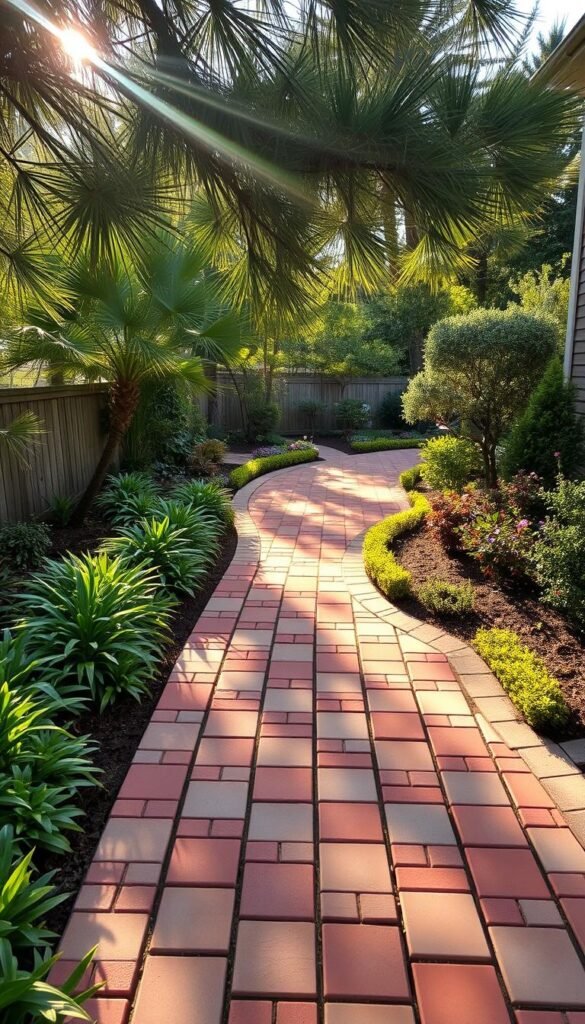 Lush, verdant landscaping with vibrant pavers arranged in a captivating geometric pattern. Sunlight filters through swaying trees, casting a warm, golden glow over the intricate paver design. Carefully placed plants and shrubs create a harmonious, nature-inspired atmosphere. Smooth, interlocking pavers in a mix of earthy tones form a stunning, visually-appealing pathway leading through the serene outdoor space. The scene exudes a sense of tranquility and elegance, inviting one to linger and soak in the beauty of the thoughtfully-designed patio landscape. Lush, verdant landscaping with vibrant pavers arranged in a captivating geometric pattern. Sunlight filters through swaying trees, casting a warm, golden glow over the intricate paver design. Carefully placed plants and shrubs create a harmonious, nature-inspired atmosphere. Smooth, interlocking pavers in a mix of earthy tones form a stunning, visually-appealing pathway leading through the serene outdoor space. The scene exudes a sense of tranquility and elegance, inviting one to linger and soak in the beauty of the thoughtfully-designed patio landscape.