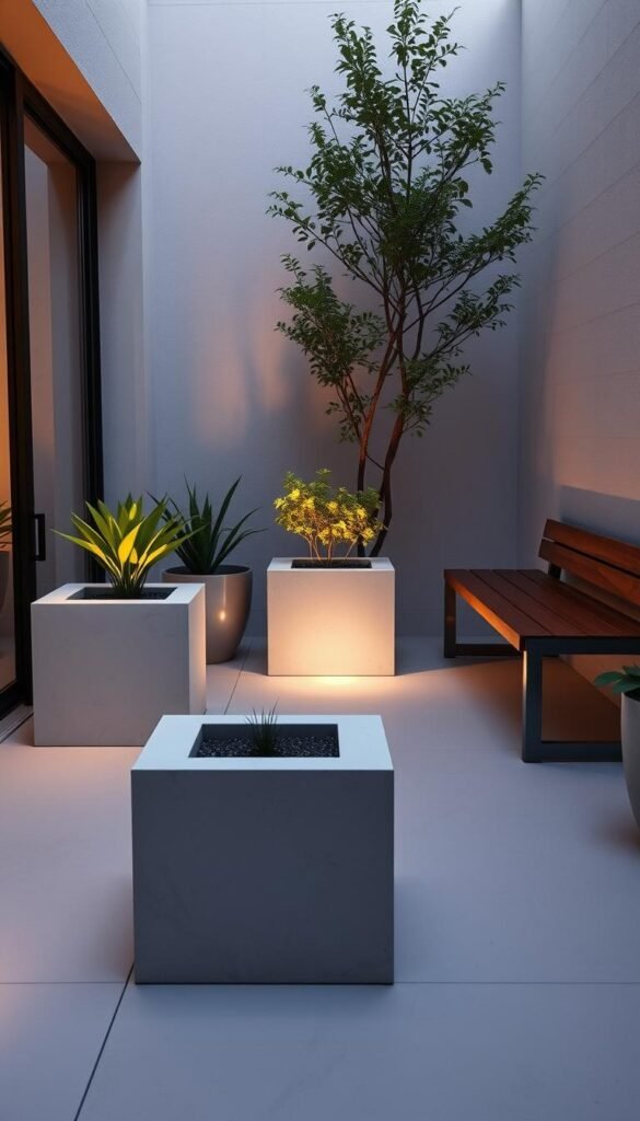 Minimalist small outdoor space with geometric concrete planters, clean-lined stainless steel or wooden bench, and potted greenery. Soft ambient lighting casts a warm glow, highlighting the natural textures and sleek lines. The design is open and uncluttered, creating a serene and peaceful atmosphere. Subtle shadows and reflections add depth and visual interest. A sense of balance and harmony permeates the scene, reflecting the thoughtful, pared-down aesthetic. Minimalist small outdoor space with geometric concrete planters, clean-lined stainless steel or wooden bench, and potted greenery. Soft ambient lighting casts a warm glow, highlighting the natural textures and sleek lines. The design is open and uncluttered, creating a serene and peaceful atmosphere. Subtle shadows and reflections add depth and visual interest. A sense of balance and harmony permeates the scene, reflecting the thoughtful, pared-down aesthetic.