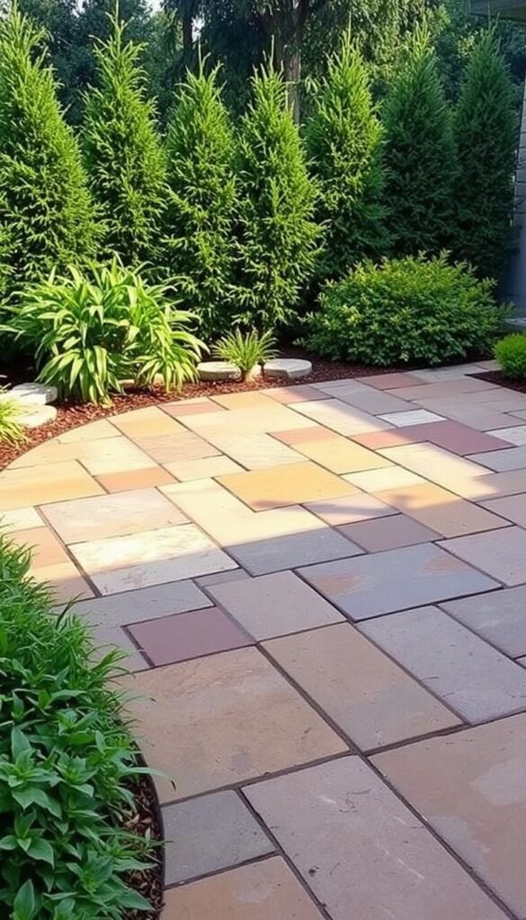 Patio with a variety of natural stone pavers in earthy tones, arranged in a visually appealing pattern. The pavers are surrounded by lush, well-manicured greenery, creating a serene and inviting outdoor living space. Soft, diffused lighting illuminates the scene, casting gentle shadows and highlighting the texture of the materials. The overall composition emphasizes the harmonious integration of the patio with its natural surroundings, conveying a sense of tranquility and relaxation. Patio with a variety of natural stone pavers in earthy tones, arranged in a visually appealing pattern. The pavers are surrounded by lush, well-manicured greenery, creating a serene and inviting outdoor living space. Soft, diffused lighting illuminates the scene, casting gentle shadows and highlighting the texture of the materials. The overall composition emphasizes the harmonious integration of the patio with its natural surroundings, conveying a sense of tranquility and relaxation.