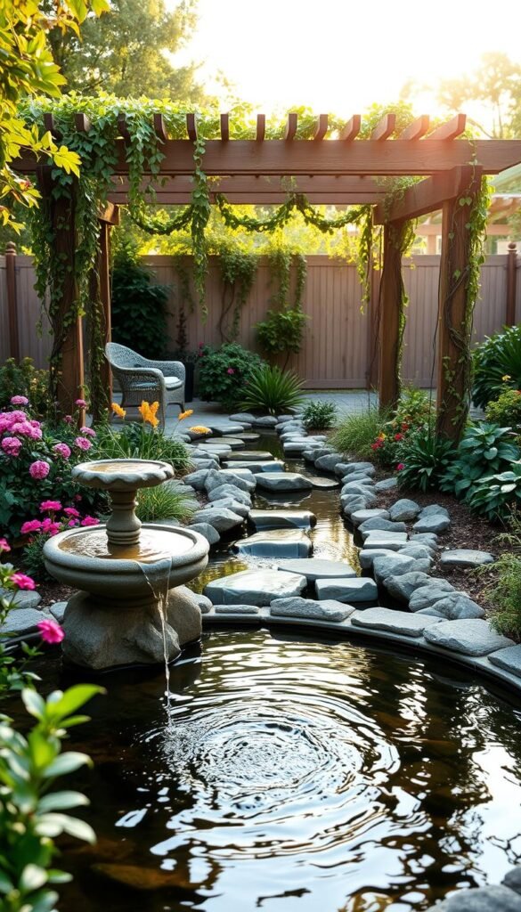 Peaceful backyard oasis with a serene DIY water feature. In the foreground, a tranquil stone fountain cascades gently into a circular pool, surrounded by lush greenery and vibrant flowering plants. The middle ground showcases a small man-made stream, its crystal-clear waters winding through a bed of smooth river rocks. In the background, a wooden pergola with cascading vines frames the scene, creating a natural and calming ambiance. Soft, diffused natural lighting filters through, casting a warm, golden glow and enhancing the overall sense of relaxation and serenity. The composition is balanced and harmonious, inviting the viewer to immerse themselves in this serene DIY outdoor oasis. Peaceful backyard oasis with a serene DIY water feature. In the foreground, a tranquil stone fountain cascades gently into a circular pool, surrounded by lush greenery and vibrant flowering plants. The middle ground showcases a small man-made stream, its crystal-clear waters winding through a bed of smooth river rocks. In the background, a wooden pergola with cascading vines frames the scene, creating a natural and calming ambiance. Soft, diffused natural lighting filters through, casting a warm, golden glow and enhancing the overall sense of relaxation and serenity. The composition is balanced and harmonious, inviting the viewer to immerse themselves in this serene DIY outdoor oasis.