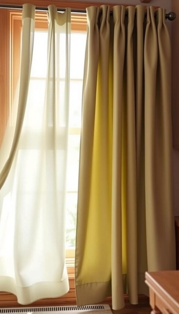 Perfectly draped, elegant sage green curtains gently billowing in a warm, natural lighting. The fabric cascades in soft, flowing folds, creating a serene and inviting atmosphere. A cozy, sunlit room with wooden accents and a touch of greenery on the windowsill serves as the backdrop, hinting at a harmonious, nature-inspired aesthetic. The curtains' hue complements the earthy tones, adding a calming, seasonal touch to the space. The image captures the essence of effortless sophistication, perfect for accentuating a kitchen's tranquil ambiance. Perfectly draped, elegant sage green curtains gently billowing in a warm, natural lighting. The fabric cascades in soft, flowing folds, creating a serene and inviting atmosphere. A cozy, sunlit room with wooden accents and a touch of greenery on the windowsill serves as the backdrop, hinting at a harmonious, nature-inspired aesthetic. The curtains' hue complements the earthy tones, adding a calming, seasonal touch to the space. The image captures the essence of effortless sophistication, perfect for accentuating a kitchen's tranquil ambiance.