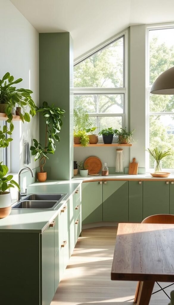 Prompt A contemporary, eco-friendly sage green kitchen with an abundance of natural light streaming through large windows. The kitchen features sleek, minimalist cabinets and countertops made from sustainable materials like bamboo or recycled glass. Lush, verdant plants adorn the windowsills, complementing the soothing color palette. Soft, diffused lighting from energy-efficient LEDs casts a warm, inviting glow, creating a serene, inviting atmosphere. Wooden accents, such as a rustic dining table and chic barstools, add natural warmth. The overall design embodies a harmonious blend of modernity and environmental consciousness, showcasing effortless elegance and a commitment to sustainable living. Prompt A contemporary, eco-friendly sage green kitchen with an abundance of natural light streaming through large windows. The kitchen features sleek, minimalist cabinets and countertops made from sustainable materials like bamboo or recycled glass. Lush, verdant plants adorn the windowsills, complementing the soothing color palette. Soft, diffused lighting from energy-efficient LEDs casts a warm, inviting glow, creating a serene, inviting atmosphere. Wooden accents, such as a rustic dining table and chic barstools, add natural warmth. The overall design embodies a harmonious blend of modernity and environmental consciousness, showcasing effortless elegance and a commitment to sustainable living.