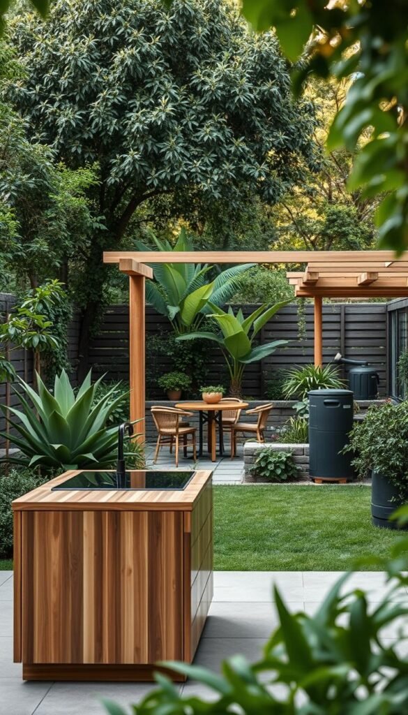 Prompt A serene outdoor kitchen nestled in a lush, verdant landscape. The foreground features a sleek, minimalist kitchen island crafted from eco-friendly materials like bamboo and reclaimed wood. In the middle ground, a covered dining area with a pergola-style roof made of sustainable bamboo or recycled plastic. The background showcases a beautiful garden with native plants, a small water feature, and a compost bin. The scene is bathed in warm, natural lighting, creating a cozy and inviting atmosphere. The overall design emphasizes sustainability, energy efficiency, and a harmonious integration with the surrounding environment. Prompt A serene outdoor kitchen nestled in a lush, verdant landscape. The foreground features a sleek, minimalist kitchen island crafted from eco-friendly materials like bamboo and reclaimed wood. In the middle ground, a covered dining area with a pergola-style roof made of sustainable bamboo or recycled plastic. The background showcases a beautiful garden with native plants, a small water feature, and a compost bin. The scene is bathed in warm, natural lighting, creating a cozy and inviting atmosphere. The overall design emphasizes sustainability, energy efficiency, and a harmonious integration with the surrounding environment.