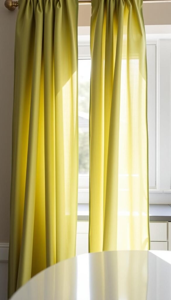 Sage green curtain panels, draped elegantly against a sunlit window, casting a warm, calming glow in the foreground. The fabric cascades in soft, natural folds, accentuating the room's cozy ambiance. In the middle ground, the curtains frame a sleek, minimalist kitchen counter, hinting at the practical yet stylish space. The background is softly blurred, allowing the viewer to focus on the poise and sophistication of the curtains. Muted lighting filters through the sheer material, creating a serene, inviting atmosphere perfect for a cost-conscious kitchen upgrade. Sage green curtain panels, draped elegantly against a sunlit window, casting a warm, calming glow in the foreground. The fabric cascades in soft, natural folds, accentuating the room's cozy ambiance. In the middle ground, the curtains frame a sleek, minimalist kitchen counter, hinting at the practical yet stylish space. The background is softly blurred, allowing the viewer to focus on the poise and sophistication of the curtains. Muted lighting filters through the sheer material, creating a serene, inviting atmosphere perfect for a cost-conscious kitchen upgrade.