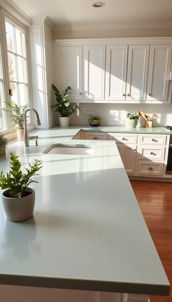 Serene sage green kitchen countertops, gleaming with a soft satin finish, stretch across a spacious, well-lit workspace. Warm natural light filters through large windows, casting a gentle glow on the subtly veined stone surface. The countertops seamlessly integrate with white cabinetry and light hardwood floors, creating a harmonious, minimalist aesthetic. Carefully placed potted plants and a few artfully arranged kitchen utensils add a touch of organic elegance to the scene. The overall mood is one of effortless sophistication, where form and function coexist in perfect balance. Serene sage green kitchen countertops, gleaming with a soft satin finish, stretch across a spacious, well-lit workspace. Warm natural light filters through large windows, casting a gentle glow on the subtly veined stone surface. The countertops seamlessly integrate with white cabinetry and light hardwood floors, creating a harmonious, minimalist aesthetic. Carefully placed potted plants and a few artfully arranged kitchen utensils add a touch of organic elegance to the scene. The overall mood is one of effortless sophistication, where form and function coexist in perfect balance.