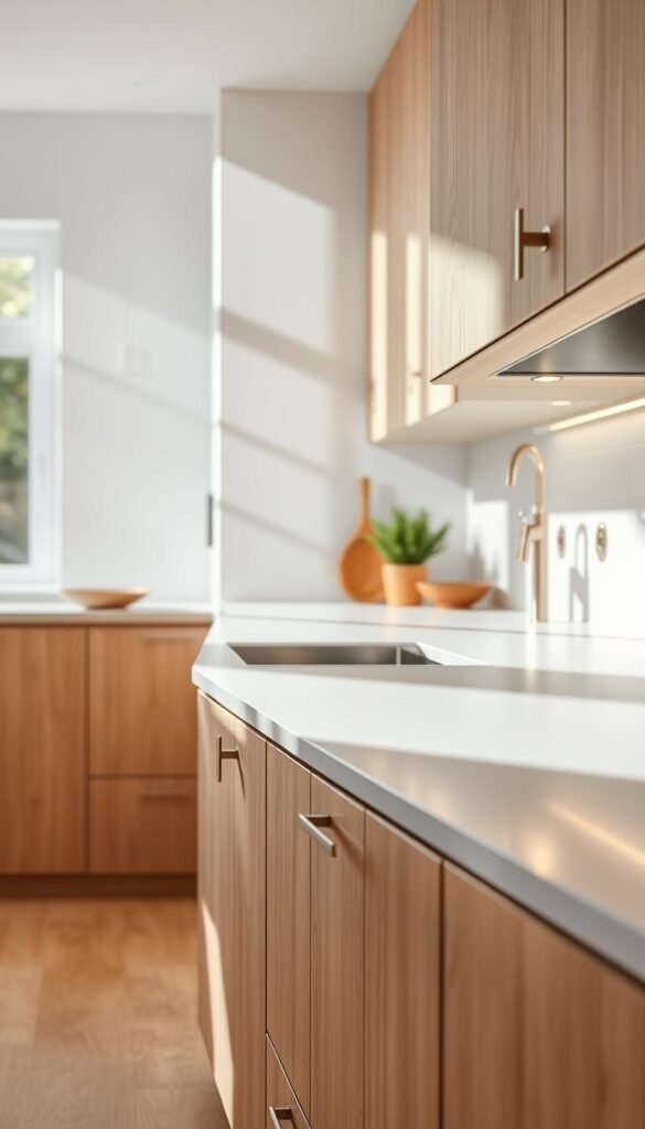 Stunning kitchen countertop color schemes in a bright, airy setting. A sleek, minimalist countertop in a soft, muted tone takes center stage, complemented by warm wood accents and integrated lighting. The countertop's smooth, polished surface reflects the natural light flooding the space, creating a tranquil, inviting atmosphere. Subtle hints of metallic hardware and backsplash tiles add a touch of modern elegance, while the overall composition emphasizes clean lines and a harmonious, yet visually captivating, color palette. The scene is captured from a slightly elevated angle, highlighting the thoughtful design and material choices that come together to form a stylish, inspirational kitchen space. Stunning kitchen countertop color schemes in a bright, airy setting. A sleek, minimalist countertop in a soft, muted tone takes center stage, complemented by warm wood accents and integrated lighting. The countertop's smooth, polished surface reflects the natural light flooding the space, creating a tranquil, inviting atmosphere. Subtle hints of metallic hardware and backsplash tiles add a touch of modern elegance, while the overall composition emphasizes clean lines and a harmonious, yet visually captivating, color palette. The scene is captured from a slightly elevated angle, highlighting the thoughtful design and material choices that come together to form a stylish, inspirational kitchen space.