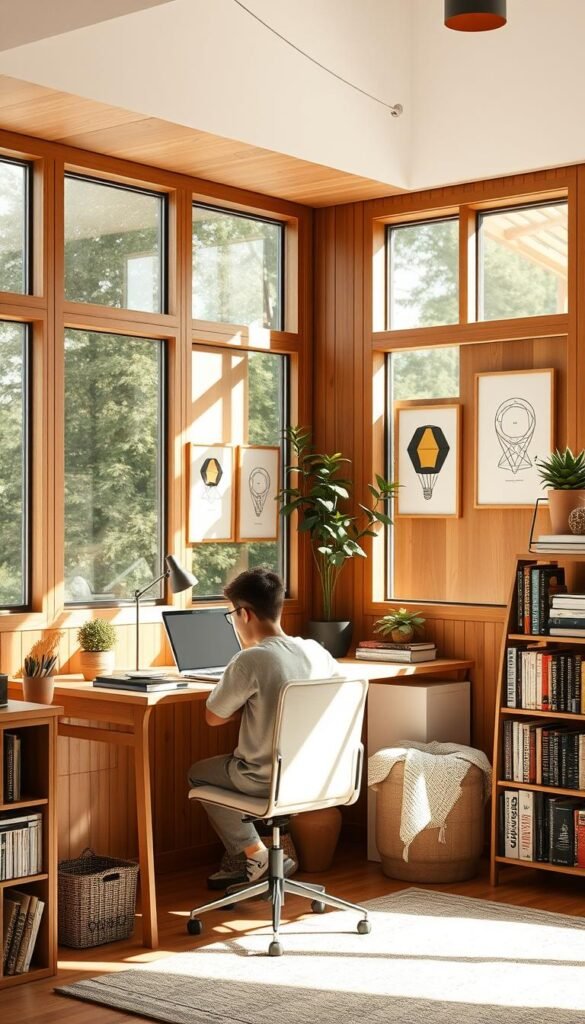 Teenage boy's cozy study nook with natural light streaming through large windows, illuminating a minimalist desk setup with a laptop, stationery, and a few potted plants. Warm wood tones and soft textiles create a comfortable, focused atmosphere ideal for studying and productivity. The room is decorated with subtle geometric shapes, a touch of greenery, and a few framed artwork pieces reflecting the boy's interests. A small bookshelf stands nearby, filled with a mix of academic and leisure reading material. The overall vibe is calming, organized, and tailored to the needs of a diligent teenage scholar. Teenage boy's cozy study nook with natural light streaming through large windows, illuminating a minimalist desk setup with a laptop, stationery, and a few potted plants. Warm wood tones and soft textiles create a comfortable, focused atmosphere ideal for studying and productivity. The room is decorated with subtle geometric shapes, a touch of greenery, and a few framed artwork pieces reflecting the boy's interests. A small bookshelf stands nearby, filled with a mix of academic and leisure reading material. The overall vibe is calming, organized, and tailored to the needs of a diligent teenage scholar.