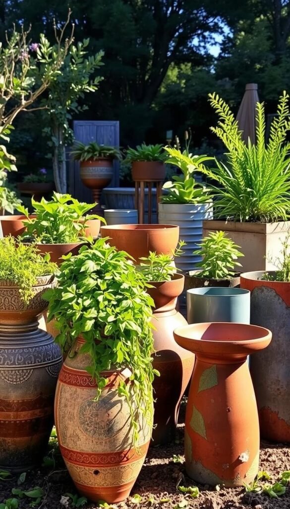 Vibrant and captivating garden planters stand in a sun-dappled outdoor oasis, each one a unique work of art. In the foreground, quirky ceramic vessels in earthy tones are adorned with intricate patterns and textures, overflowing with lush, cascading greenery. The middle ground features repurposed metal containers in sleek, modern designs, their rusted surfaces contrasting beautifully with the verdant foliage. In the background, weathered wooden planters blend seamlessly with the natural landscape, their weathered charm adding depth and character to the scene. The lighting is soft and diffused, casting a warm, golden glow that enhances the organic, nature-inspired aesthetic. The overall atmosphere is one of tranquility, creativity, and a harmonious integration of the manmade and the natural. Vibrant and captivating garden planters stand in a sun-dappled outdoor oasis, each one a unique work of art. In the foreground, quirky ceramic vessels in earthy tones are adorned with intricate patterns and textures, overflowing with lush, cascading greenery. The middle ground features repurposed metal containers in sleek, modern designs, their rusted surfaces contrasting beautifully with the verdant foliage. In the background, weathered wooden planters blend seamlessly with the natural landscape, their weathered charm adding depth and character to the scene. The lighting is soft and diffused, casting a warm, golden glow that enhances the organic, nature-inspired aesthetic. The overall atmosphere is one of tranquility, creativity, and a harmonious integration of the manmade and the natural.