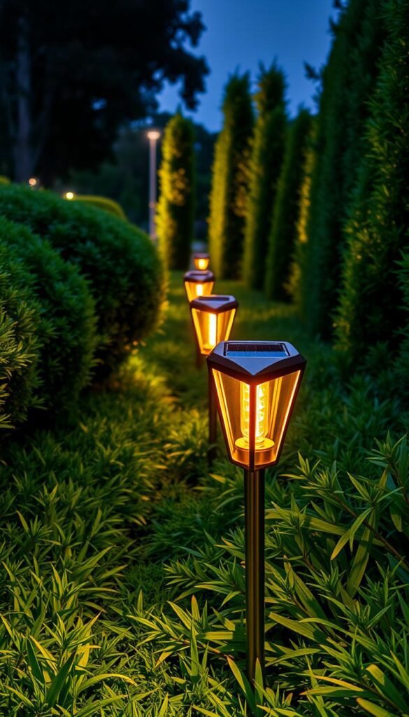 Vibrant modern solar-powered garden lighting, with sleek, minimalist path lamps lining a lush, verdant pathway. Warm amber LED bulbs casting a soft, inviting glow across the scene. Architectural metallic fixtures with clean, angular designs seamlessly blending into the natural foliage. In the background, taller accent lights illuminate towering shrubs and trees, creating an enchanting ambiance. The overall effect is a harmonious fusion of technology and nature, illuminating an outdoor oasis with sustainable, energy-efficient lighting. Vibrant modern solar-powered garden lighting, with sleek, minimalist path lamps lining a lush, verdant pathway. Warm amber LED bulbs casting a soft, inviting glow across the scene. Architectural metallic fixtures with clean, angular designs seamlessly blending into the natural foliage. In the background, taller accent lights illuminate towering shrubs and trees, creating an enchanting ambiance. The overall effect is a harmonious fusion of technology and nature, illuminating an outdoor oasis with sustainable, energy-efficient lighting.