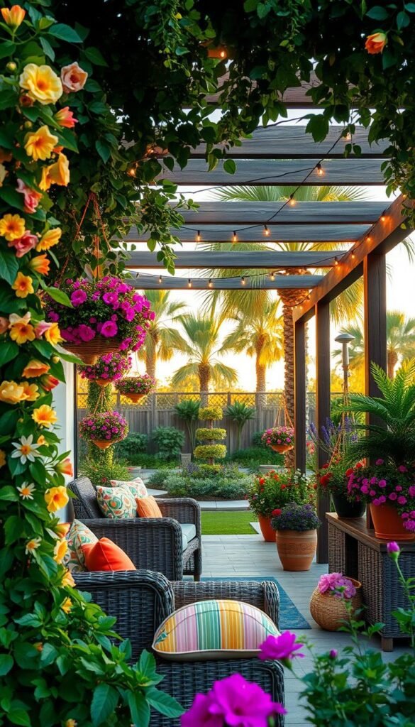 Vibrant outdoor summer decor composed of lush, sun-drenched florals and verdant foliage. In the foreground, a wicker patio set with plush cushions in cheerful hues is framed by cascading vines and blooming hanging baskets. In the middle ground, a rustic wooden pergola is draped with strings of twinkling fairy lights, casting a warm, ambient glow. The background features a well-manicured garden oasis, with towering palm trees swaying gently in a light breeze. The entire scene is bathed in soft, golden hour lighting, infusing the space with a sense of tranquility and joy. Vibrant outdoor summer decor composed of lush, sun-drenched florals and verdant foliage. In the foreground, a wicker patio set with plush cushions in cheerful hues is framed by cascading vines and blooming hanging baskets. In the middle ground, a rustic wooden pergola is draped with strings of twinkling fairy lights, casting a warm, ambient glow. The background features a well-manicured garden oasis, with towering palm trees swaying gently in a light breeze. The entire scene is bathed in soft, golden hour lighting, infusing the space with a sense of tranquility and joy.