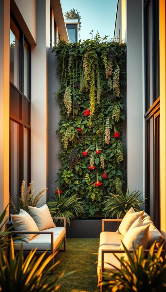 a beautiful and compact outdoor living space with a stunning vertical garden as the focal point. the scene is bathed in warm, golden late-afternoon sunlight that creates a cozy, inviting atmosphere. in the foreground, a small seating area with minimalist modern furniture and plush cushions invites relaxation. the middle ground is dominated by an impressive vertical garden, with cascading vines, lush foliage, and pops of colorful flowers that soften the hard lines of the architecture. in the background, glimpses of a sleek, modern building with large windows frame the scene, blending seamlessly with the natural elements. the composition is balanced and harmonious, showcasing how even the smallest of outdoor spaces can be transformed into a verdant, serene oasis. a beautiful and compact outdoor living space with a stunning vertical garden as the focal point. the scene is bathed in warm, golden late-afternoon sunlight that creates a cozy, inviting atmosphere. in the foreground, a small seating area with minimalist modern furniture and plush cushions invites relaxation. the middle ground is dominated by an impressive vertical garden, with cascading vines, lush foliage, and pops of colorful flowers that soften the hard lines of the architecture. in the background, glimpses of a sleek, modern building with large windows frame the scene, blending seamlessly with the natural elements. the composition is balanced and harmonious, showcasing how even the smallest of outdoor spaces can be transformed into a verdant, serene oasis.
