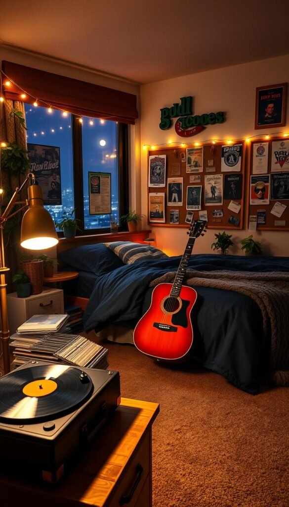 a cozy and inviting music-themed teenage boy's bedroom, bathed in warm, soft lighting from a brass floor lamp and string lights along the headboard. In the foreground, a vintage record player sits on a rustic wood side table, surrounded by a collection of vinyl records. In the middle ground, a large, plush bed is dressed in navy blue and gray bedding, with a guitar propped against the footboard. The walls are adorned with framed concert posters and a cork board displaying ticket stubs, band t-shirts, and polaroid photos. Lush potted plants and cable-knit blankets add to the relaxed, atmospheric vibe. The background features a window overlooking a moonlit city skyline, casting a gentle glow across the room. a cozy and inviting music-themed teenage boy's bedroom, bathed in warm, soft lighting from a brass floor lamp and string lights along the headboard. In the foreground, a vintage record player sits on a rustic wood side table, surrounded by a collection of vinyl records. In the middle ground, a large, plush bed is dressed in navy blue and gray bedding, with a guitar propped against the footboard. The walls are adorned with framed concert posters and a cork board displaying ticket stubs, band t-shirts, and polaroid photos. Lush potted plants and cable-knit blankets add to the relaxed, atmospheric vibe. The background features a window overlooking a moonlit city skyline, casting a gentle glow across the room.