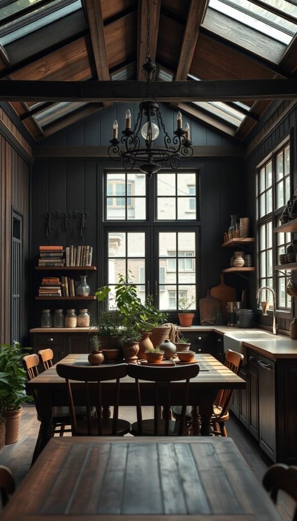 a detailed, high-quality interior scene of a sustainable dark academia kitchen with natural light flooding in through large windows, illuminating an earthy, minimalist design. in the foreground, a wooden table is surrounded by vintage-inspired chairs, with a central arrangement of potted plants and handmade ceramics. hanging from the exposed beam ceiling, a wrought-iron chandelier casts a warm, moody glow. the walls are covered in dark-toned wood paneling, complemented by shelves displaying a curated collection of antique books and curious knickknacks. the kitchen counter features a farmhouse-style sink and appliances in brushed metal finishes, with jars of herbs and spices lining the backsplash. the overall atmosphere is one of refined simplicity, blending old-world charm with environmentally-conscious principles. a detailed, high-quality interior scene of a sustainable dark academia kitchen with natural light flooding in through large windows, illuminating an earthy, minimalist design. in the foreground, a wooden table is surrounded by vintage-inspired chairs, with a central arrangement of potted plants and handmade ceramics. hanging from the exposed beam ceiling, a wrought-iron chandelier casts a warm, moody glow. the walls are covered in dark-toned wood paneling, complemented by shelves displaying a curated collection of antique books and curious knickknacks. the kitchen counter features a farmhouse-style sink and appliances in brushed metal finishes, with jars of herbs and spices lining the backsplash. the overall atmosphere is one of refined simplicity, blending old-world charm with environmentally-conscious principles.
