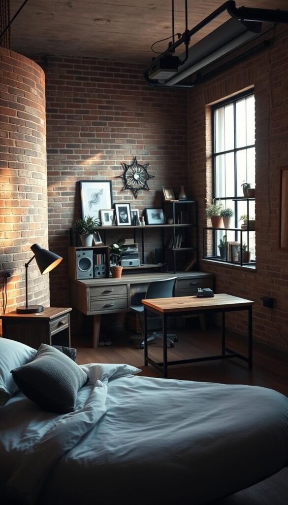 a dimly lit, industrial-style teenage boy's bedroom with exposed brick walls, metal fixtures, and weathered wood furniture. in the foreground, a minimalist metal-framed bed with crisp white bedding and a few textured throw pillows. on the nightstand, a sleek lamp with a matte black finish casts a warm glow across the space. on the far wall, a large floor-to-ceiling window floods the room with soft, natural light, casting dramatic shadows. in the middle ground, a vintage-inspired desk with a metal frame and a distressed wood top, accompanied by a modern swivel chair. hanging above the desk, a geometric metal wall sculpture. in the background, a built-in shelving unit with various decor items, potted plants, and books, creating a cozy, lived-in feel. a dimly lit, industrial-style teenage boy's bedroom with exposed brick walls, metal fixtures, and weathered wood furniture. in the foreground, a minimalist metal-framed bed with crisp white bedding and a few textured throw pillows. on the nightstand, a sleek lamp with a matte black finish casts a warm glow across the space. on the far wall, a large floor-to-ceiling window floods the room with soft, natural light, casting dramatic shadows. in the middle ground, a vintage-inspired desk with a metal frame and a distressed wood top, accompanied by a modern swivel chair. hanging above the desk, a geometric metal wall sculpture. in the background, a built-in shelving unit with various decor items, potted plants, and books, creating a cozy, lived-in feel.
