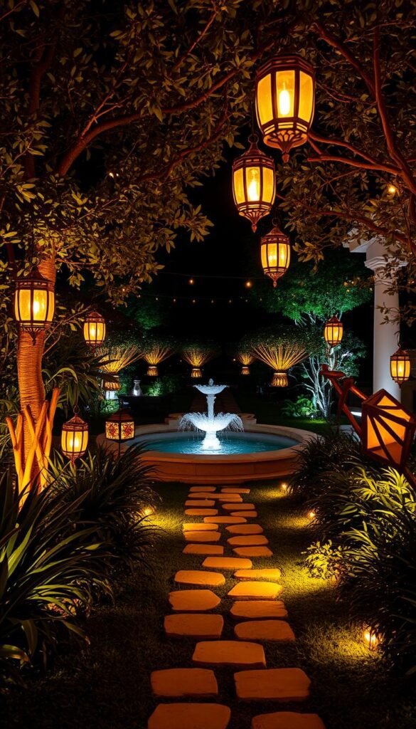 a mesmerizing garden oasis illuminated by a captivating array of innovative lighting features, creating a warm and inviting ambiance - in the foreground, a meticulously designed garden path lined with subtly glowing path lights, leading to a central seating area surrounded by decorative lanterns and string lights delicately draped across the lush greenery, with a stunning water feature in the middle casting shimmering reflections; in the background, a series of strategically placed spotlights and uplights accentuating the architectural details of the surrounding structures and enhancing the overall enchanting atmosphere, all captured through a wide-angle lens to convey the expansive and immersive nature of this captivating outdoor space a mesmerizing garden oasis illuminated by a captivating array of innovative lighting features, creating a warm and inviting ambiance - in the foreground, a meticulously designed garden path lined with subtly glowing path lights, leading to a central seating area surrounded by decorative lanterns and string lights delicately draped across the lush greenery, with a stunning water feature in the middle casting shimmering reflections; in the background, a series of strategically placed spotlights and uplights accentuating the architectural details of the surrounding structures and enhancing the overall enchanting atmosphere, all captured through a wide-angle lens to convey the expansive and immersive nature of this captivating outdoor space