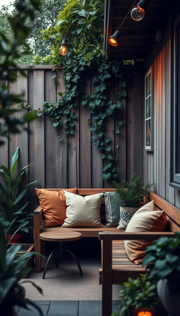 a serene outdoor space with a cozy seating area, surrounded by lush greenery and natural elements. A simple wooden bench with plush cushions in earthy tones, accented by a small side table and a few potted plants. The space is illuminated by soft, warm lighting, creating a relaxing ambiance. In the background, a rustic wooden fence or trellis, adorned with climbing vines, sets the scene. The overall composition evokes a sense of tranquility and an inviting atmosphere for relaxation and unwinding. a serene outdoor space with a cozy seating area, surrounded by lush greenery and natural elements. A simple wooden bench with plush cushions in earthy tones, accented by a small side table and a few potted plants. The space is illuminated by soft, warm lighting, creating a relaxing ambiance. In the background, a rustic wooden fence or trellis, adorned with climbing vines, sets the scene. The overall composition evokes a sense of tranquility and an inviting atmosphere for relaxation and unwinding.