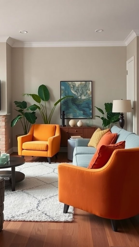 Bright orange accent chairs in a cozy living room with a modern aesthetic.