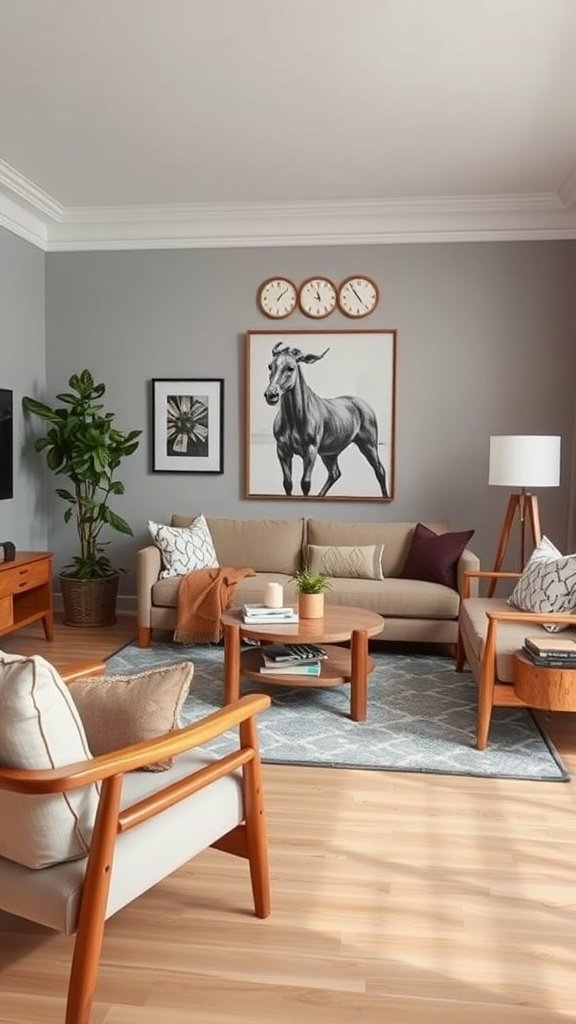 A cozy living room featuring natural wood accent furniture, a beige olive couch, and tasteful decor.