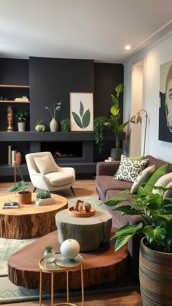 A cozy living room with winter greenery and natural elements.