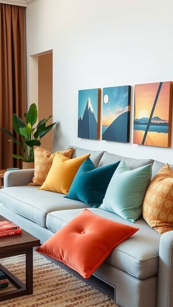 Colorful accent pillows on a sofa in a modern living room.