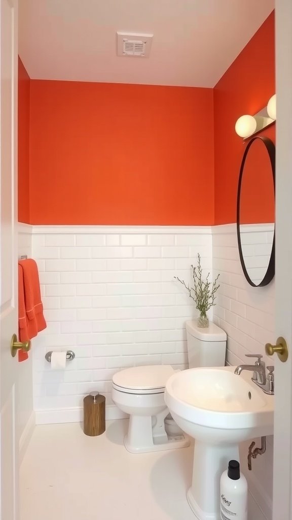 A renovated half bathroom featuring an orange accent wall and white tiles.