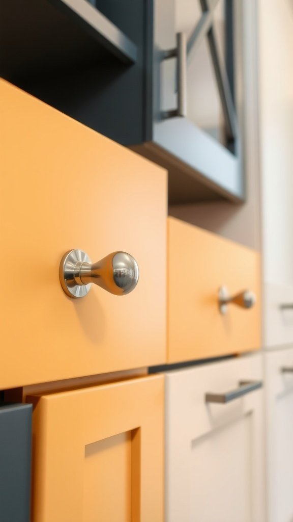 Close-up of two-tone kitchen cabinets featuring orange lower cabinets and a sleek handle.