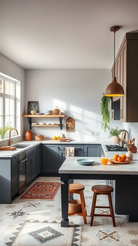 A modern kitchen with dark cabinets, open shelving, and a large table with fruit.